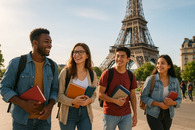 Students exploring France scholarships near Eiffel Tower