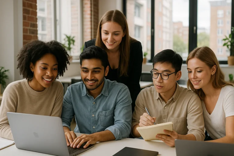 Students working together in UK internship office