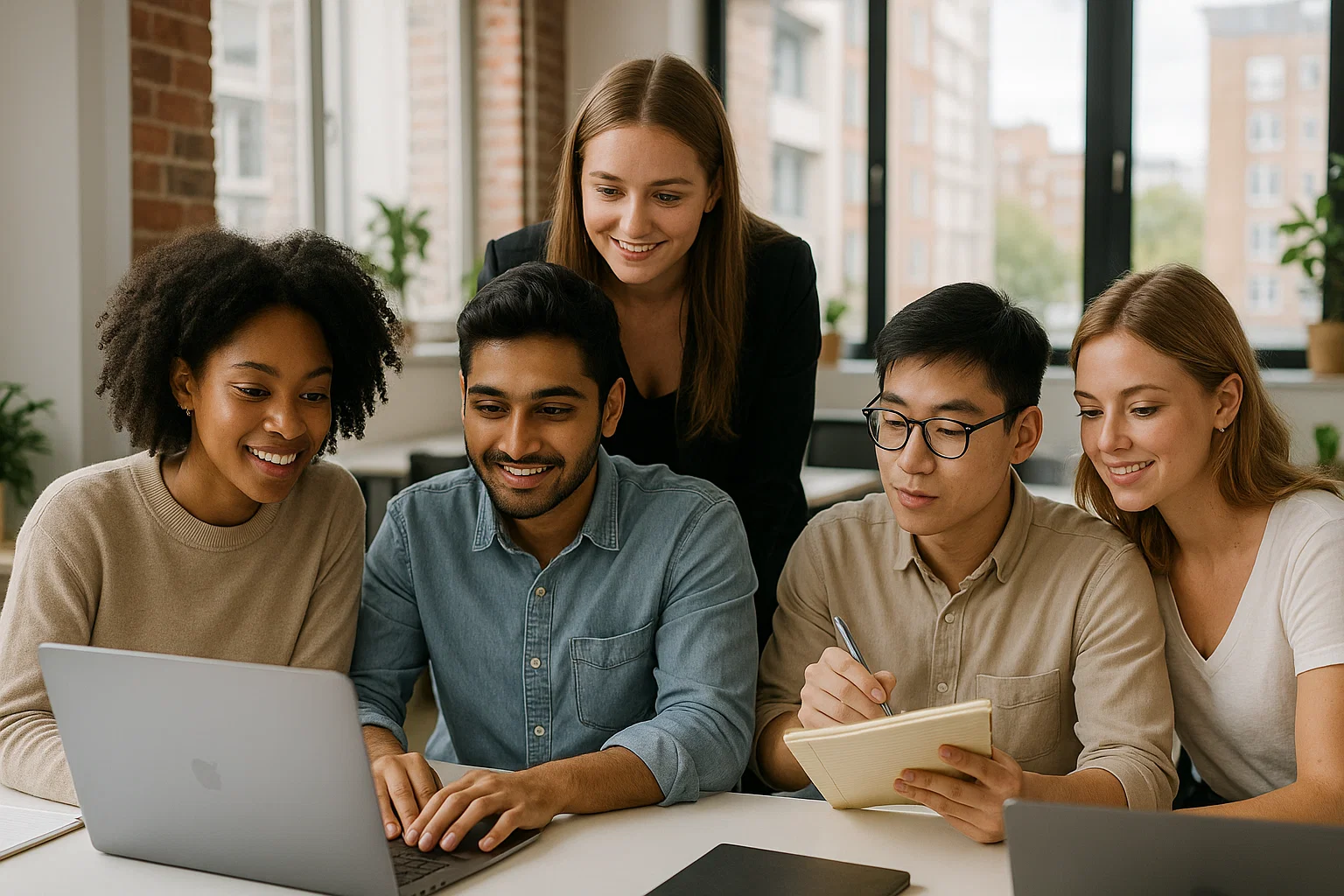 Students working together in UK internship office
