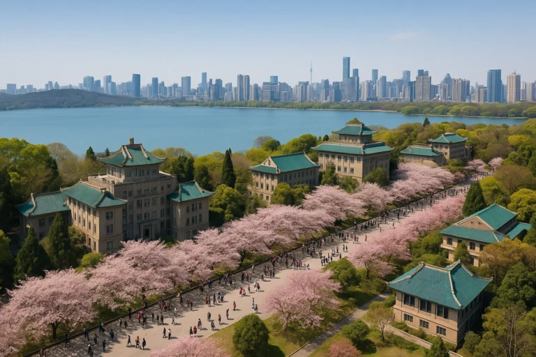 Wuhan University campus view with lake and cherry blossoms