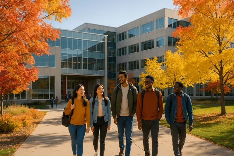 University of Calgary campus view with global students