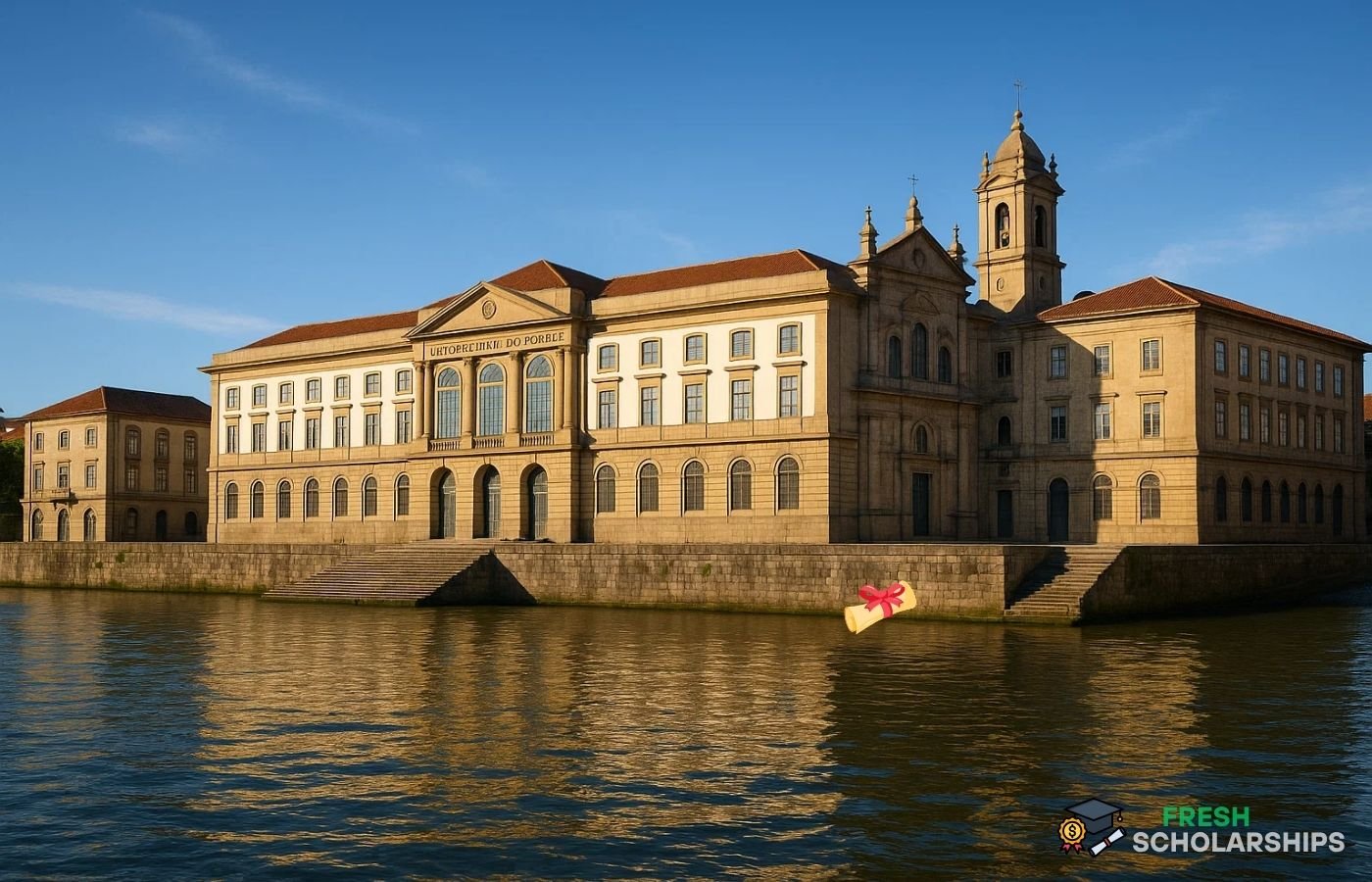 Historic buildings of the University of Porto along the Douro River in Portugal