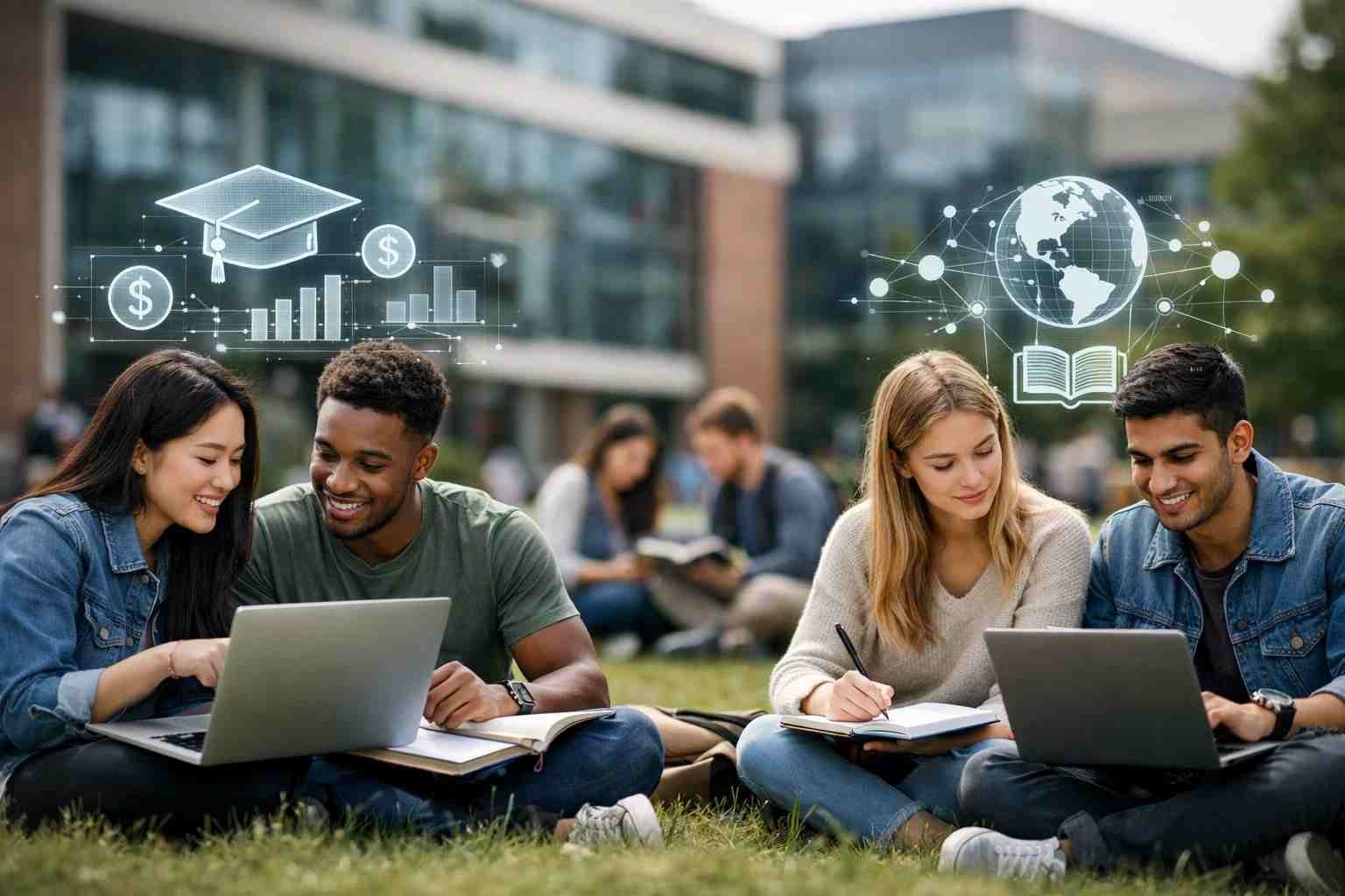International university students studying on campus with laptops