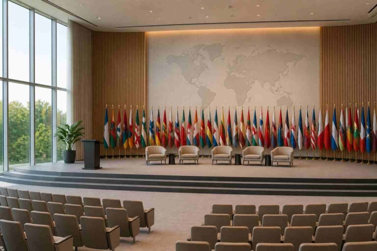 Global summit hall setup with flags for youth leadership event