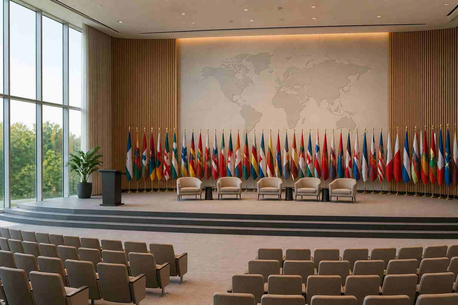 Global summit hall setup with flags for youth leadership event